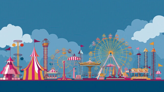 Colorful carnival scene with rides and tents under a blue sky