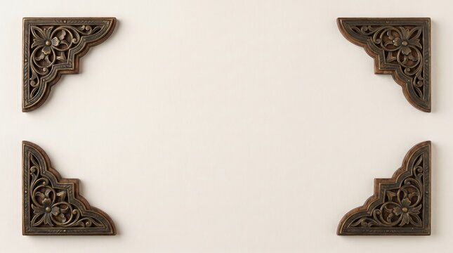 Four dark wood carved decorative corners on cream background