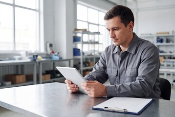 Fototapeta premium Factory Quality Control Inspector Using Digital Tablet In Industrial Production Plant