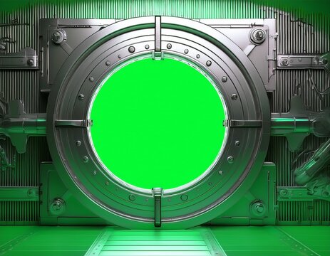 metallic vault door open on green screen