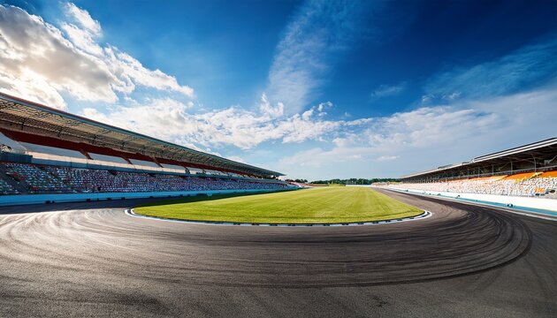 motorsport racetrack with grandstands and blue sky