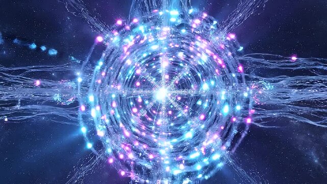 Hypnotic 3D motion graphic animation of concentric glowing light rings expanding and pulsing from a central energetic core portal, symbolizing wormhole space travel, quantum energy reactors, and futur