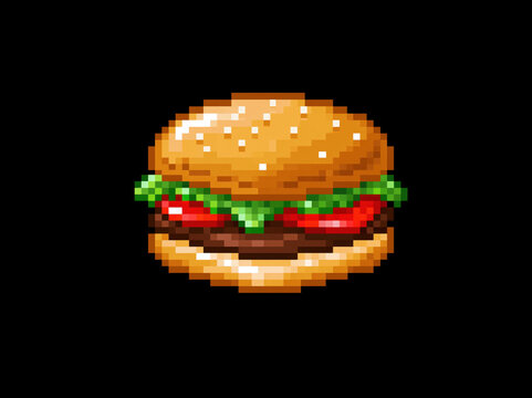 A pixel art illustration of a hamburger, featuring a toasted bun, fresh lettuce, ripe tomato slices, and a grilled patty. The vibrant colors and distinct pixelated style give it a retro. AI generative