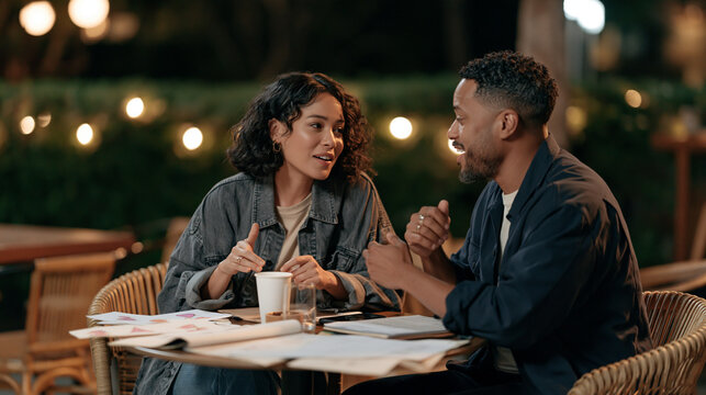 A screenwriting duo working on outdoor cafe chairs in early morning mist, Valentine Day card sketches and script pages fanned across the table, the diverse pair gesturing