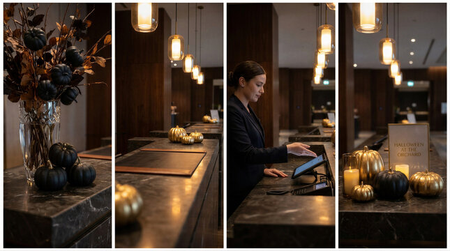 Receptionist working at hotel lobby front desk decorated for Halloween. Woman managing guest check-in process. Professional service in upscale interior with black and gold pumpkins