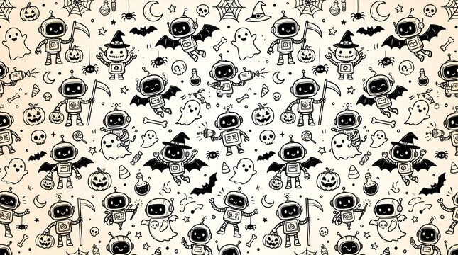 Halloween seamless doodle pattern featuring creepy killer robots, pumpkins, skulls and ghosts in a hand-drawn black and white style with a futuristic spooky theme.
