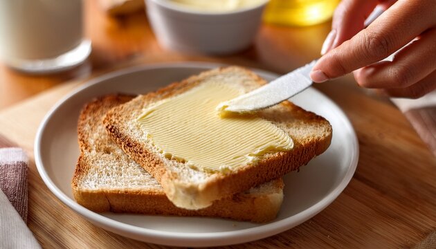 close up of rich creamy butter being spread on toasted bread showing golden dairy texture in morning breakfast scene dairy lifestyle concept food photography blurred neutral