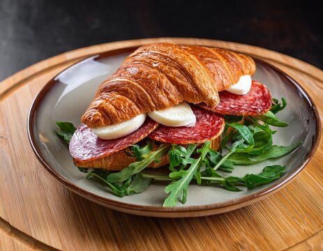 toasted croissant sandwich with salami and mozzarella in a plate gourmet croissant sandwich with salami mozzarella cheese and fresh arugula on a rustic wooden board