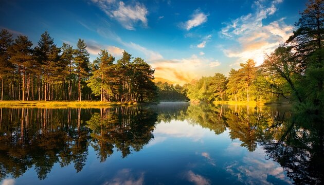 serene lake scene with trees and sky reflection
