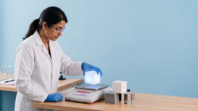 A female scientist wearing a white lab coat and blue protective gloves placing a glowing ad social media download thambnail poster web template event festival 2026 2027 2028