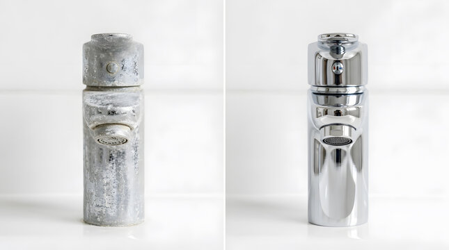 Before and after faucet cleaning comparison | Removing limescale and hard water stains | Professional bathroom fixture restoration | Calcium mineral buildup removal on chrome tap