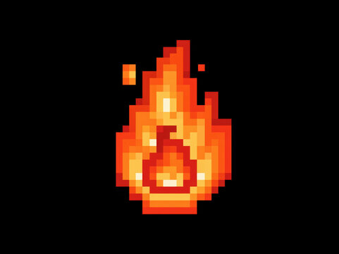 Pixel art flame icon, burning with orange and red hues, set against a black background. The flame has a distinct, stylized shape with glowing core AI generative