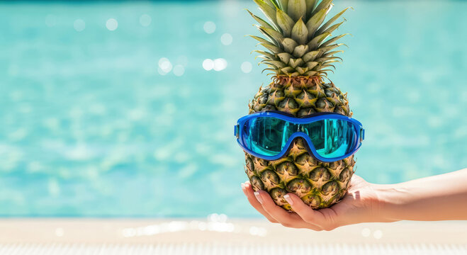 Hand holding fresh pineapple on a blurred swimming pool background. Tropical summer vibes, vacation  concept with copy space.