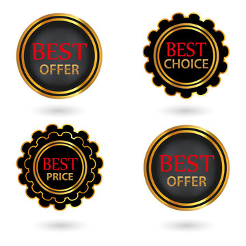 Golden badges for best offer and choice on transparent background