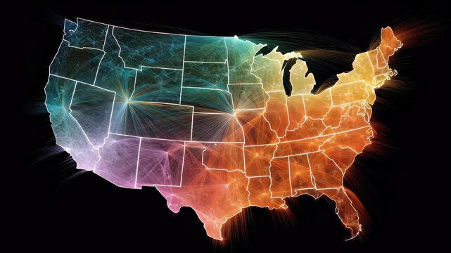 Abstract illuminated outline of continental united states on black background