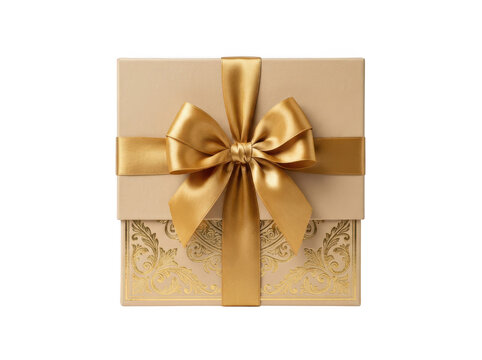 Elegant beige gift box with gold filigree pattern and satin ribbon bow isolated on transparent background
