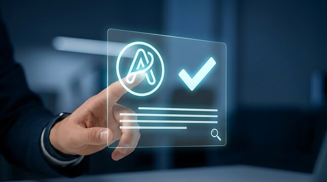A business professional interacting with a futuristic digital interface showing a spelling check icon and a green checkmark for document approval
