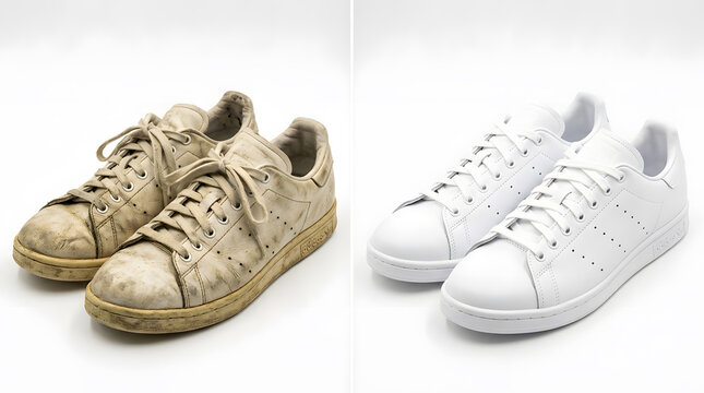 before and after white sneaker cleaning transformation | how to restore dirty leather sneakers to new condition | professional shoe cleaning service results | clean vs dirty fashion sneakers