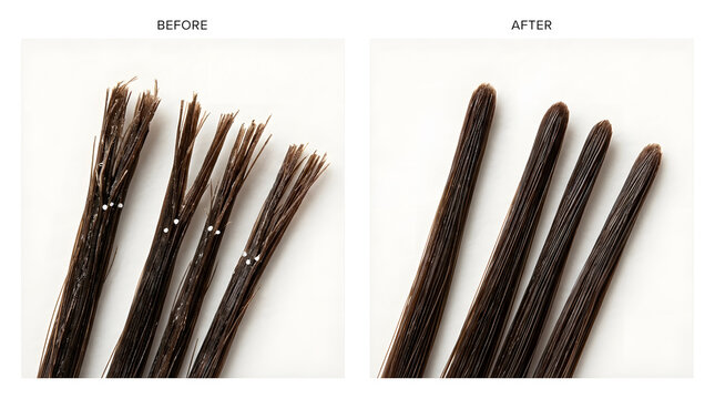 Hair repair treatment before and after | Close up of split ends vs healthy hair | Hair transformation microscopic view | Damaged hair strands vs repaired ends