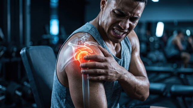 Male Athlete in Gym Holding Injured Shoulder with Pain Visual