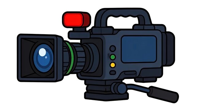Illustration of a professional broadcast video camera with a lens and recording light, isolated on white background.