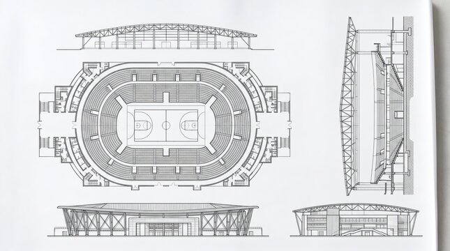 Detailed architectural blueprint of large stadium with seating, field, and structural plans for construction