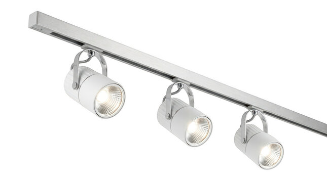 Modern track lighting system with three white spotlights isolated on transparent background
