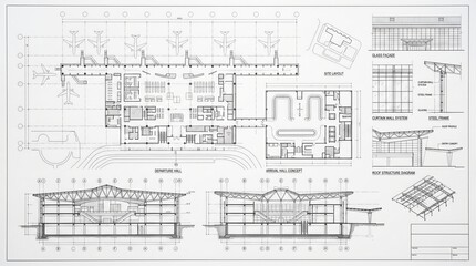 Fototapeta premium Detailed architectural blueprint of modern airplane design with technical annotations and measurements