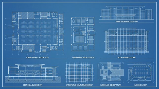 Detailed architectural blueprint of modern commercial building with floor plans and technical schematics