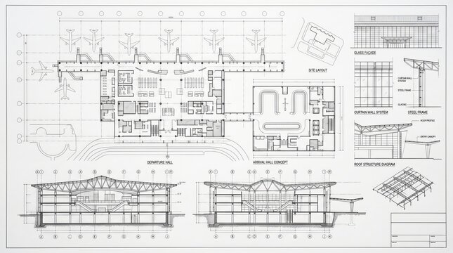 Detailed architectural blueprint of modern airplane design with technical annotations and measurements