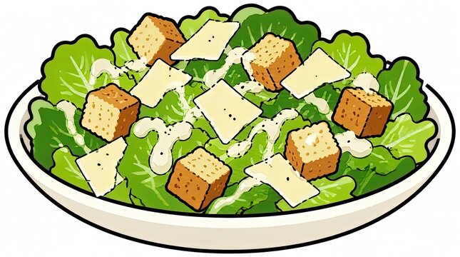 Vibrant Cartoon Caesar Salad with Croutons and Parmesan Cheese in a Bowl