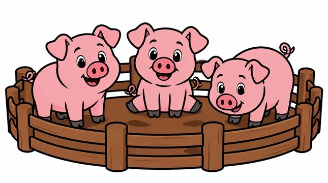 Three Adorable Pink Cartoon Pigs Playing Happily Together in a Wooden Pen on a Farm