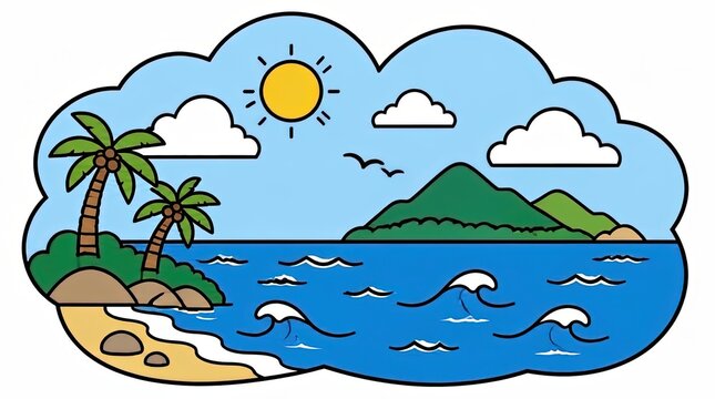 Vibrant cartoon island paradise with palm trees, ocean waves, and a sunny sky