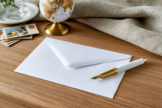 White envelope with a fountain pen placed on a wooden table, globe and vintage postcards visible in the background, creating a travel-themed workspace setting