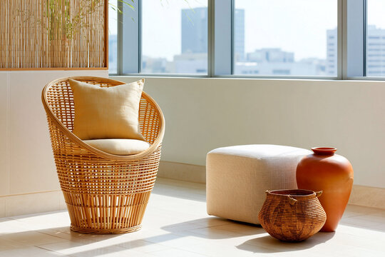 Rattan chair with beige cushion beside a white ottoman and decorative pottery in a bright, modern interior with large windows and city view