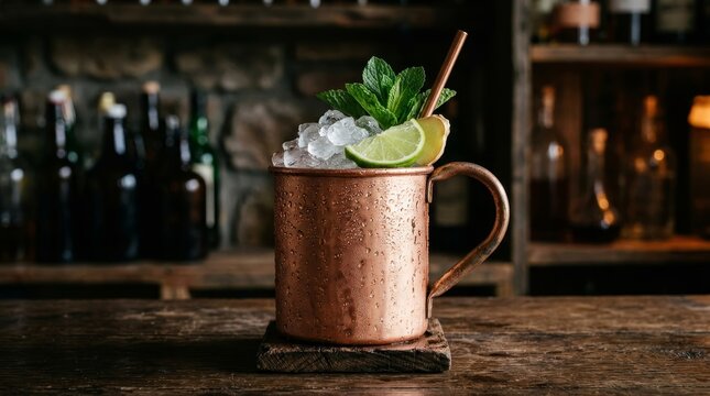 A copper mug with ice, lime, and mint sits on a bar.