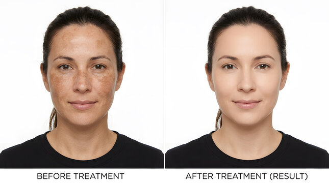 Before and after melasma treatment results|Effective hyperpigmentation removal on face|Clear skin transformation after dermatological procedure|Sun damage repair skin care results