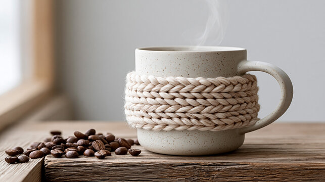 Ceramic coffee mug with knitted sleeve on wooden table, steaming beverage beside scattered coffee beans, natural light illuminating the scene