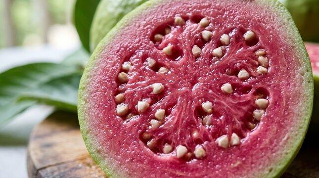 Close up of a fig cut in half showing pink interior with seeds.