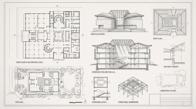 Vintage architectural blueprints with hand-drawn floor plans and technical sketches on aged paper