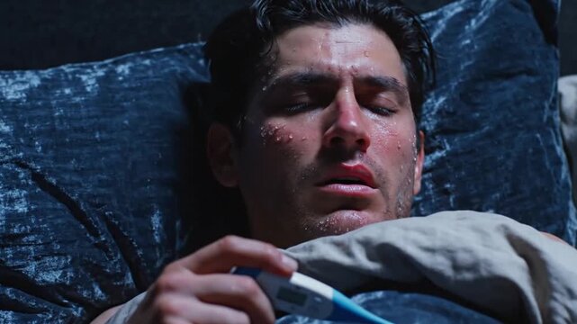Feverish Man Sweating And Checking Temperature In Bed