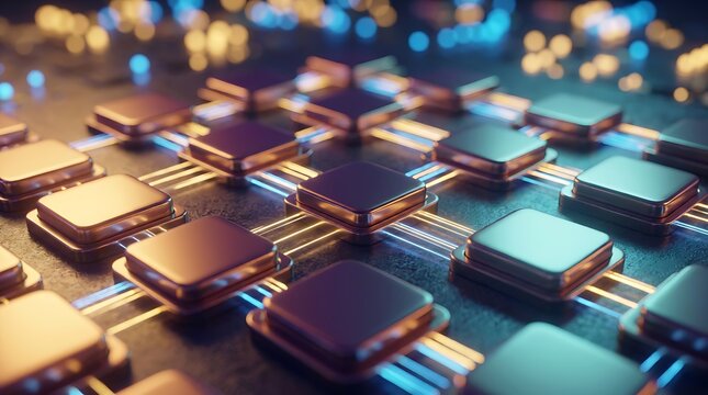 Close up 3d illustration of square electronic modules linked by bright light streams depicting advanced data transfer network architecture and digital technology concepts.