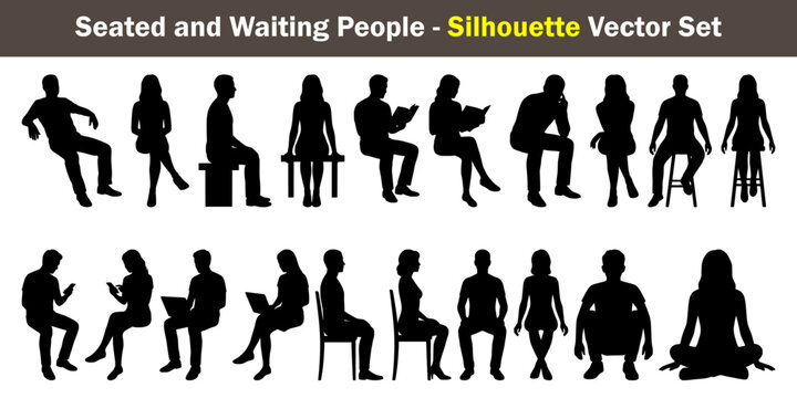 Twenty seated and waiting people silhouettes in front and side views, showing men and women on chairs and stools, reading, using phones and laptops for lobby and reception architectural designs