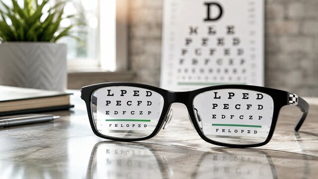 Prescription Eyeglasses With Eye Test Chart in Modern Optometry Clinic Close Up