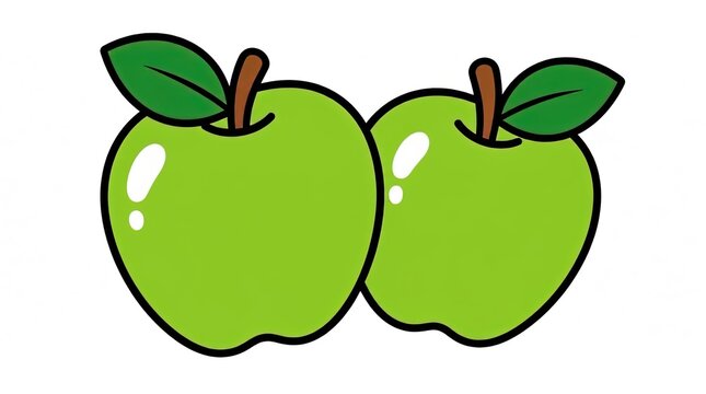 Two vibrant green cartoon apples with leaves and stems, isolated on a white background. Simple, flat illustration style.
