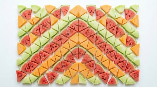 Colorful mix of watermelon cantaloupe and honeydew slices arranged in a mosaic