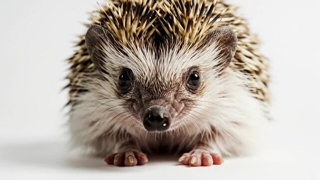 Close-up portrait of a small cute hedgehog standing on a white surface with sharp spines and curious eyes