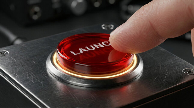 Man finger pressing red glowing launch button on metal control panel. Industrial activator for system start or project initiation. Strategic business decision and technology activation