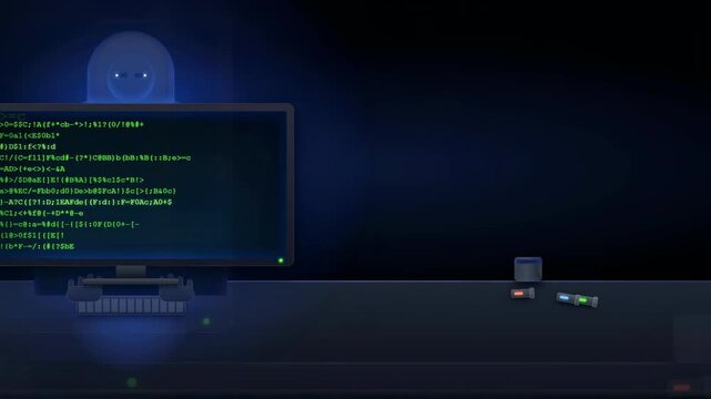 Digital screen displaying scrolling green computer code and data processing in a dark futuristic environment