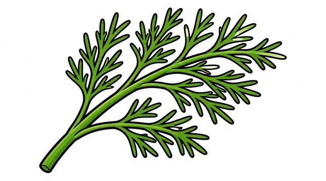 Vector illustration of a vibrant green dill sprig, isolated on a white background. Fresh herb with delicate feathery leaves.